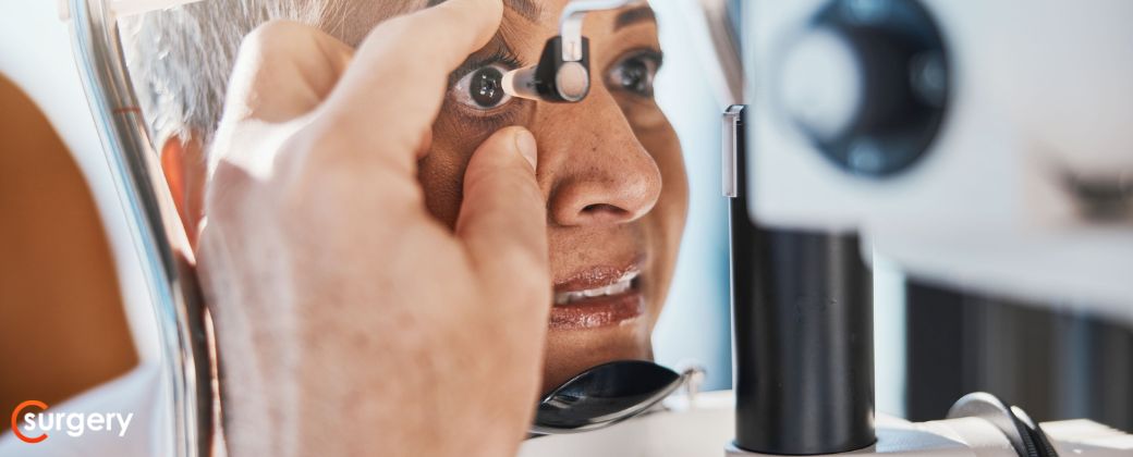 חודש אחרי ניתוח קטרקט: אישה מבוגרת עוברת בדיקה במכשיר של רופא עיניים. בצד שמאל למטה לוגו אתר surgery