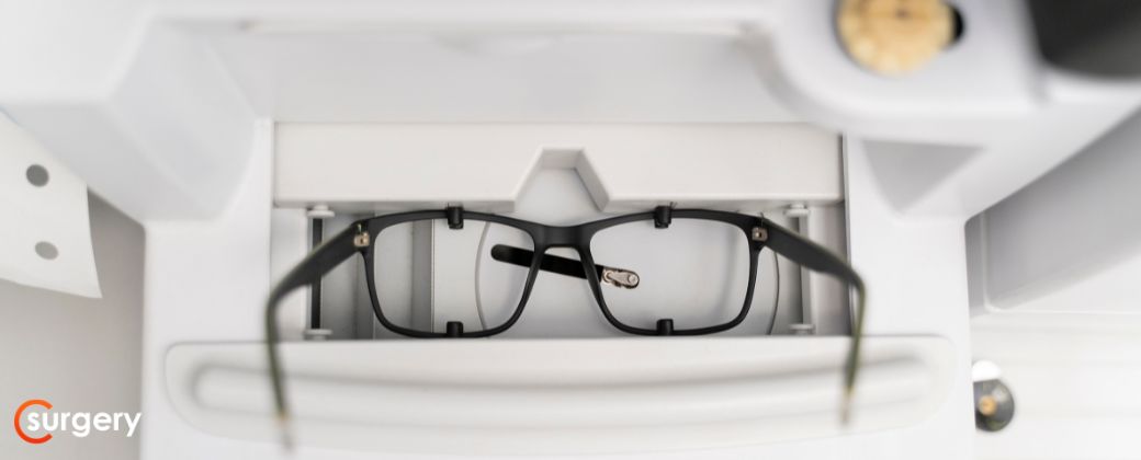 משקפיים אחרי ניתוח קטרקט מונחות על מכשיר בדיקת עיניים. בצד שמאל למטה לוגו אתר surgery